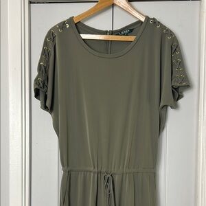 Lauren Ralph Wide Leg Khaki Jumpsuit With Criss Cross Lace Shoulders & Pockets